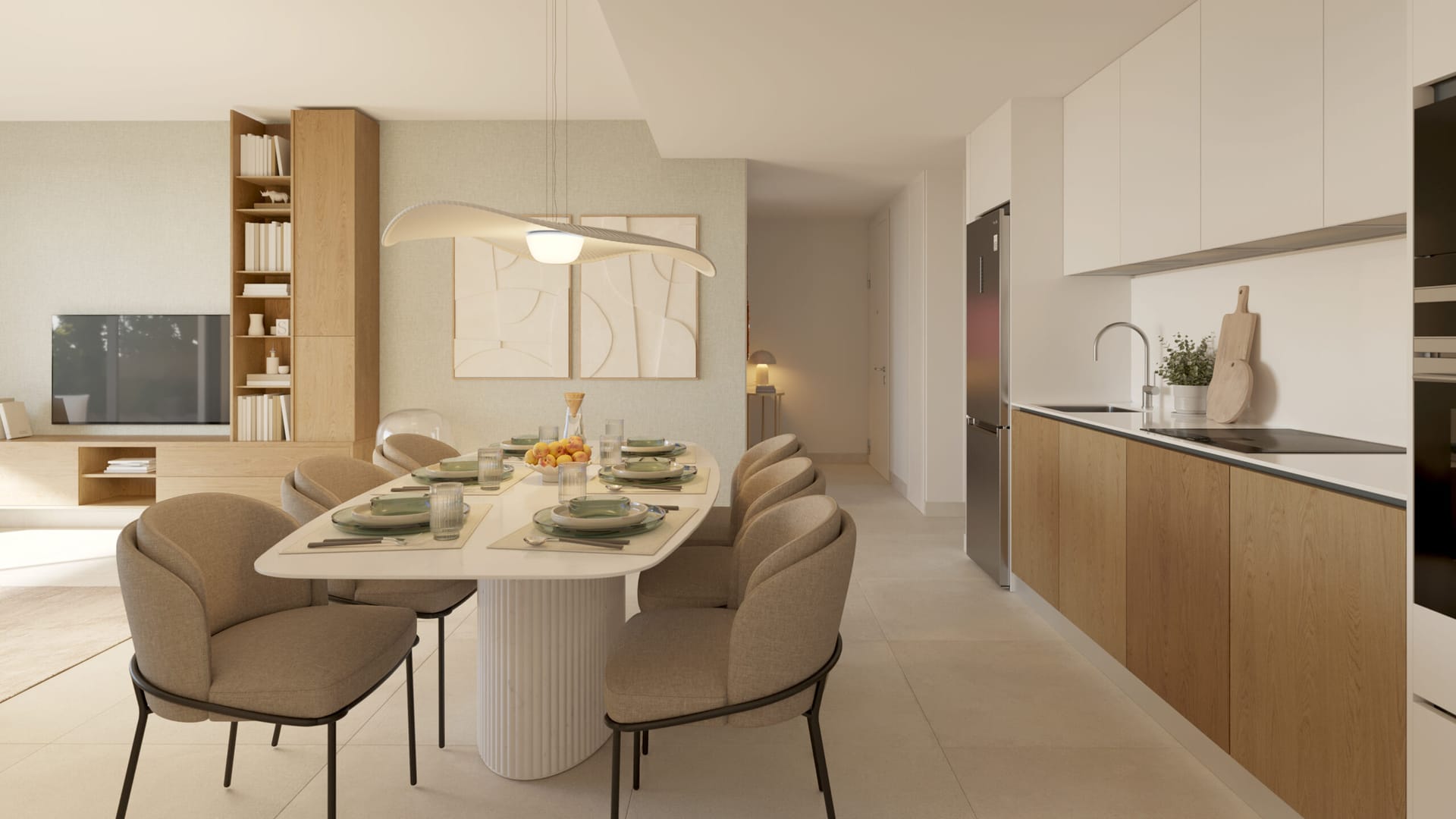 The dining area beside the kitchen, in pale wood and white. Aire, Cancelada, Estepona.