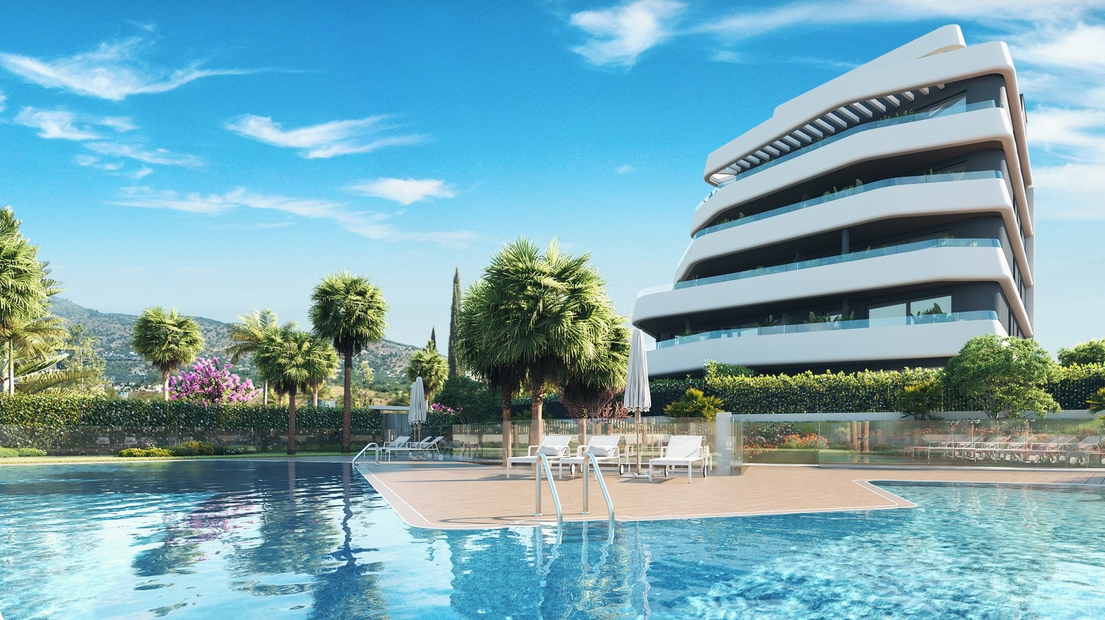 The communal pool by day in the developer’s drawing, with a sun deck set into the water, palms around it and the apartments rising on the right. Alborán Bora, Los Álamos, Torremolinos.