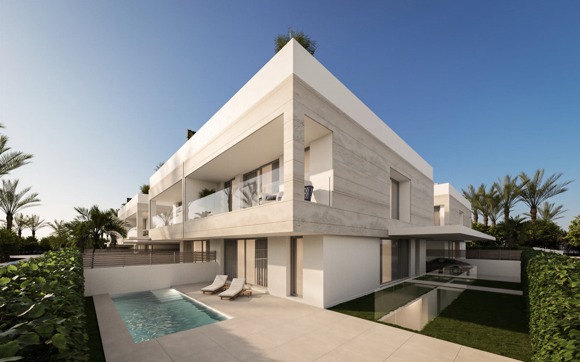 A villa with its pool and terrace beside the garden. Alcántara del Mar, San Pedro de Alcántara, Marbella.