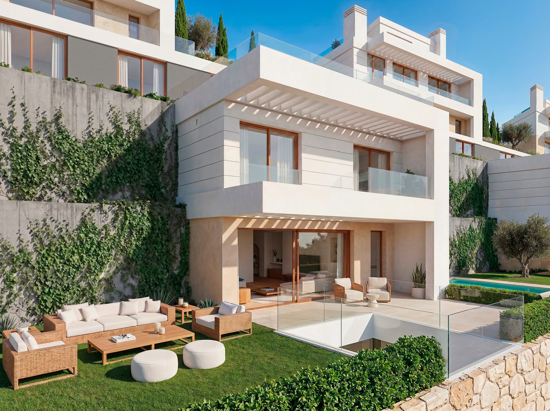 The garden side of one of the lower villas, where the living room opens under a pergola onto the terrace and the lawn. The glass rail on the right runs round a sunken patio on the floor below. Almara Villas, Torreblanca, Fuengirola.