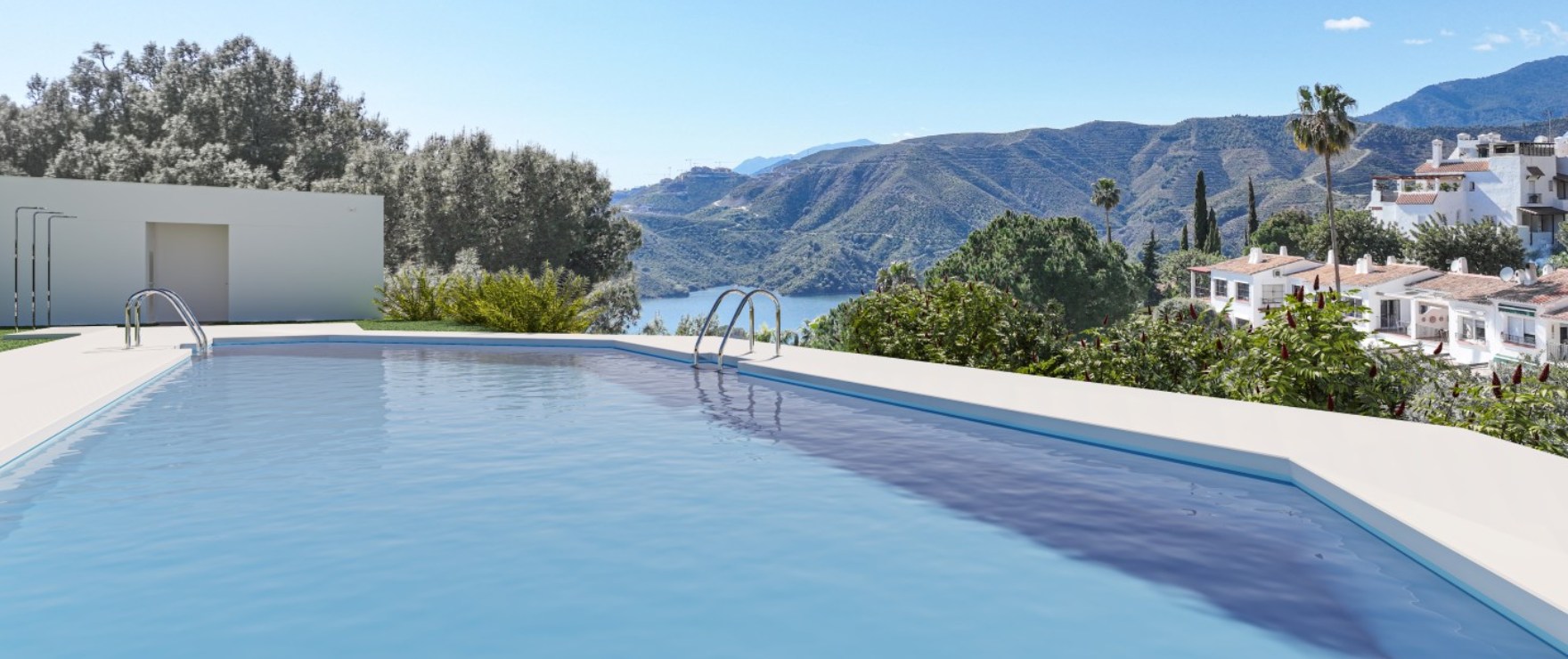 The pool, with the Concepción reservoir and the mountains beyond it. Almazara Gardens, Cerros del Lago, Istán.