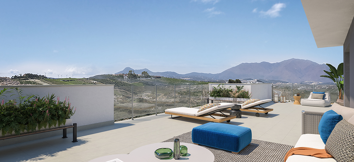 A terrace, looking out toward the golf course. Alonia Manilva, La Duquesa, Manilva.