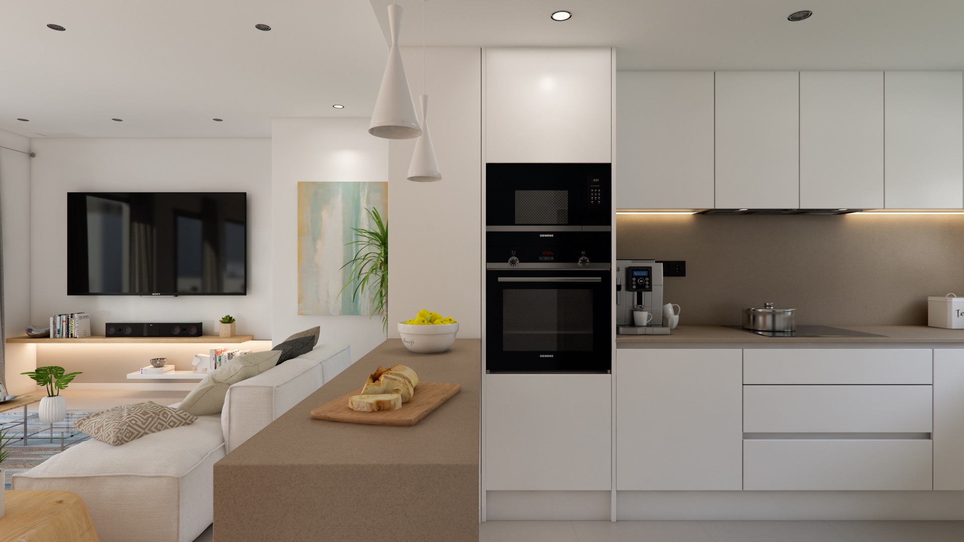 The kitchen opening onto the living room, with white units and the oven and microwave built in. Arrecife, Casares Costa, Casares.