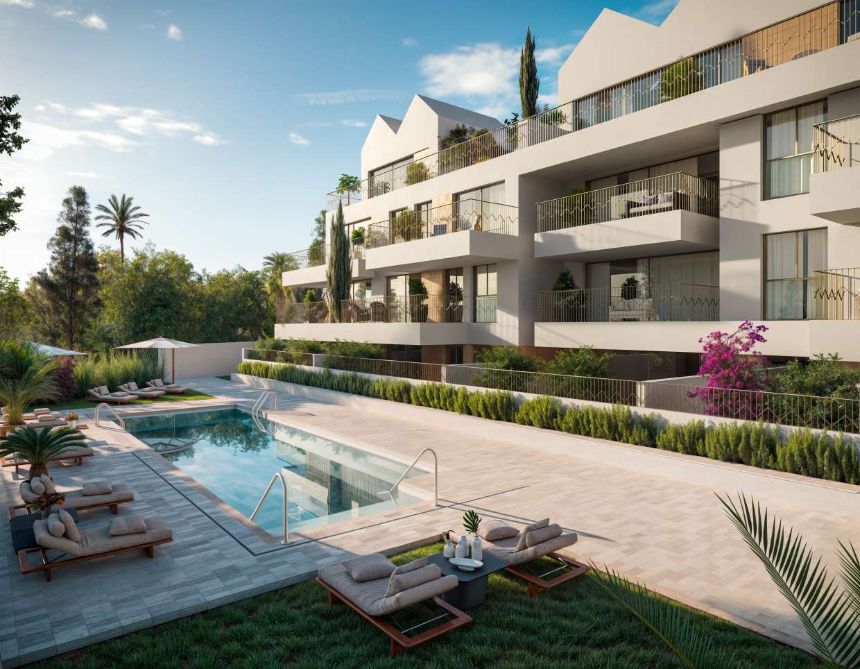 The communal pool and its sun terrace, with the terraces of the first and second floors above. Art Marina, La Carihuela, Torremolinos.