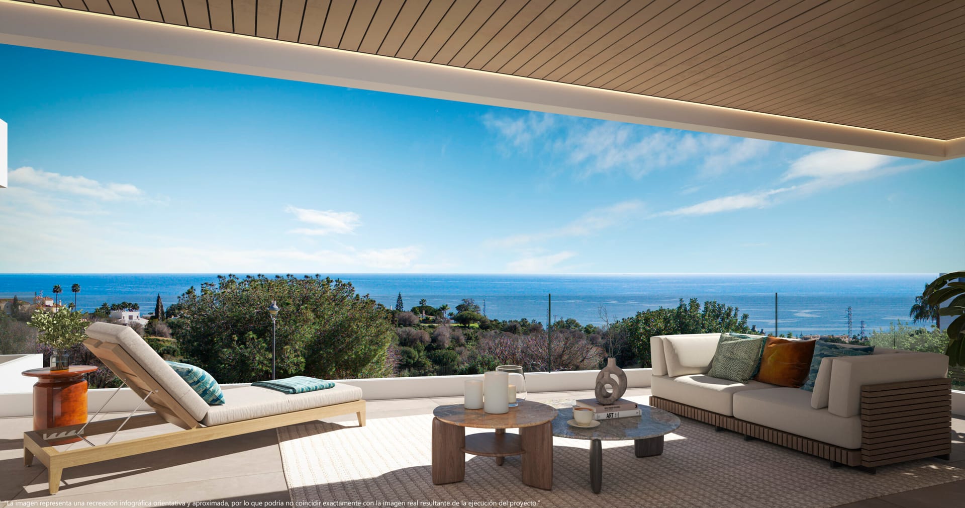 A covered terrace looking out over the trees to the sea. Aruna, Cabopino, Marbella.