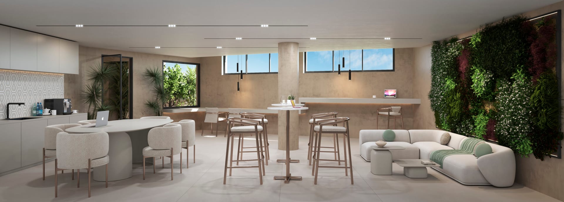 The social club, with a bar counter and lounge seating. Aruna, Cabopino, Marbella.