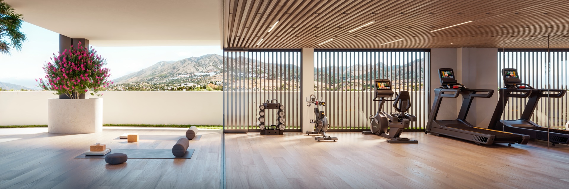 The gym, opening onto a terrace, with treadmills, weights and the Sierra de Mijas behind. Astra Homes, Los Pacos, Fuengirola.
