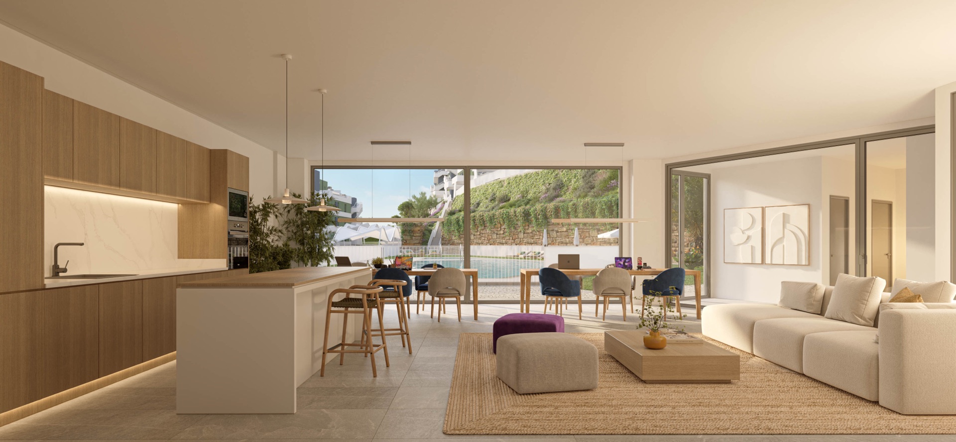 The coworking room, with a kitchen counter, tables and a seating area. Bahía, La Cala de Mijas, Mijas.