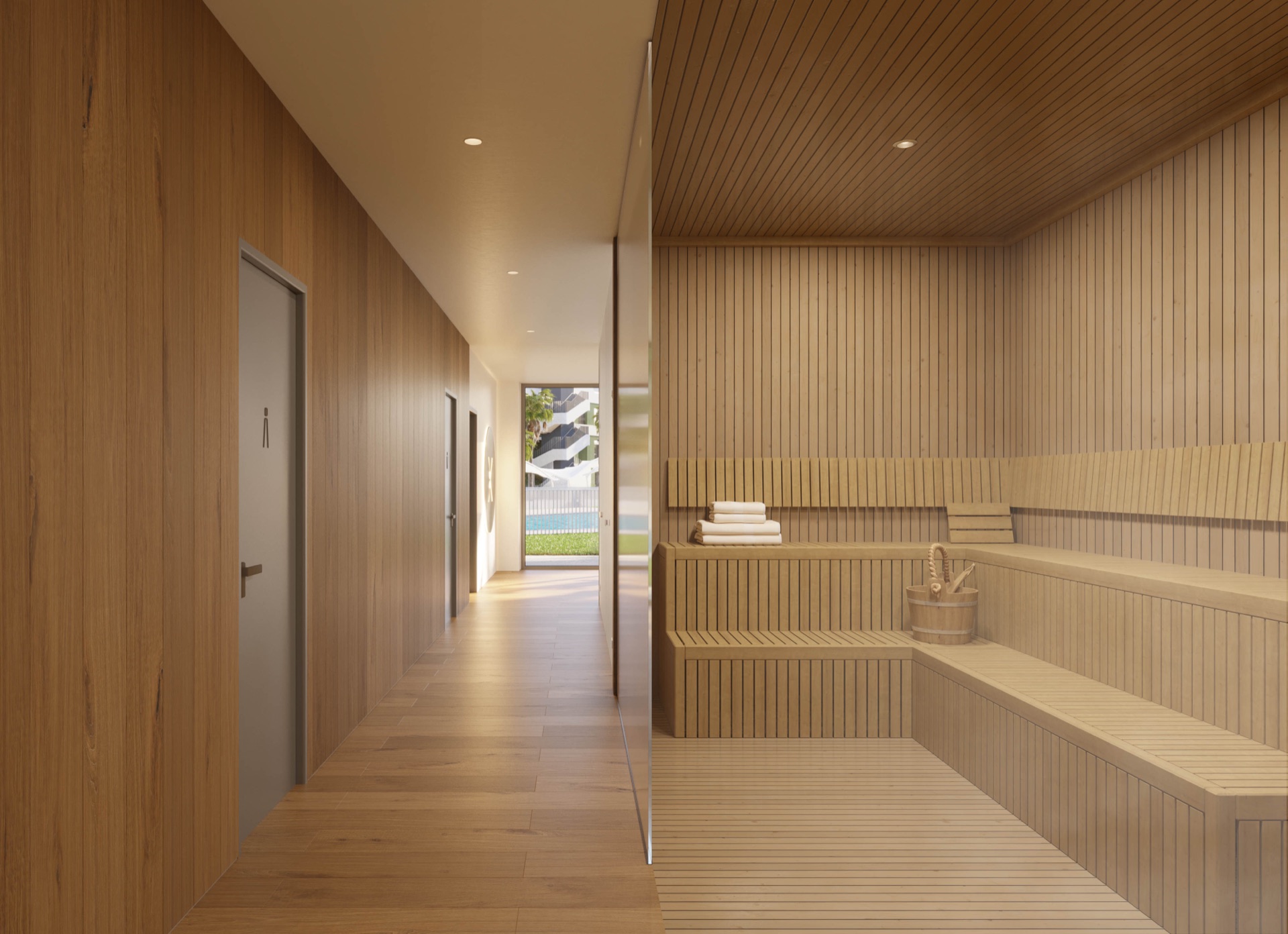 The sauna, panelled in timber, at the end of a timber-lined corridor. Bahía, La Cala de Mijas, Mijas.