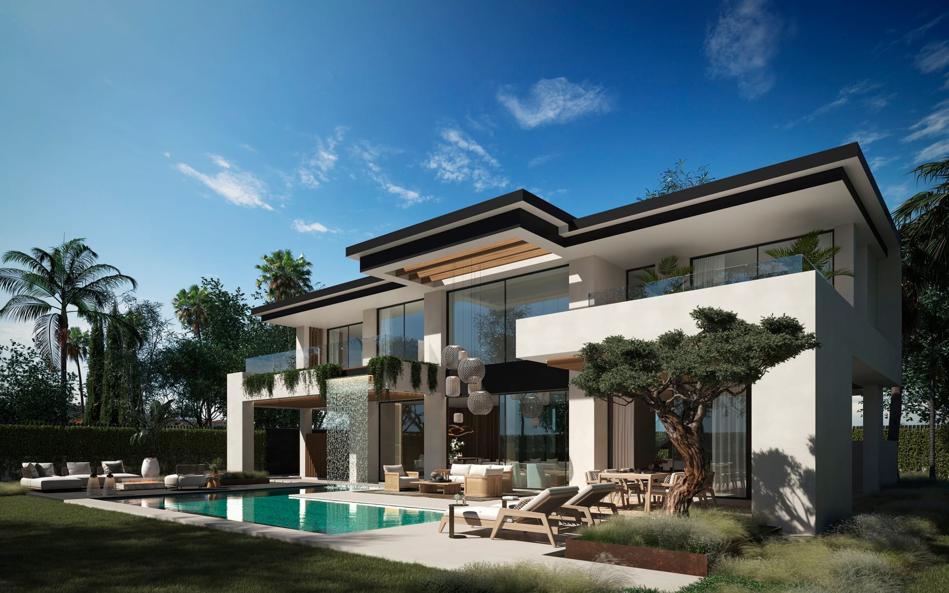 The garden side of one of the houses, across its pool. Be Seven, San Pedro de Alcántara, Marbella.