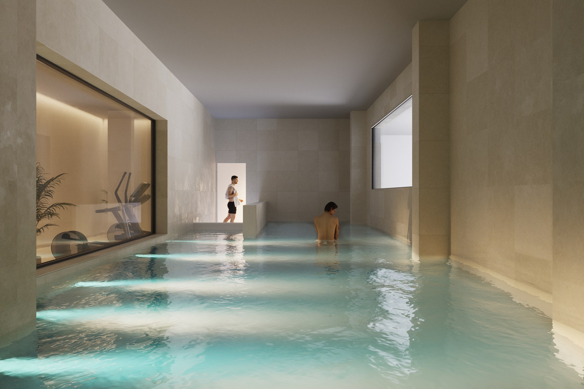 The heated pool indoors, lit down its length and usable through the winter. Biznaga, Las Lagunas, Mijas.