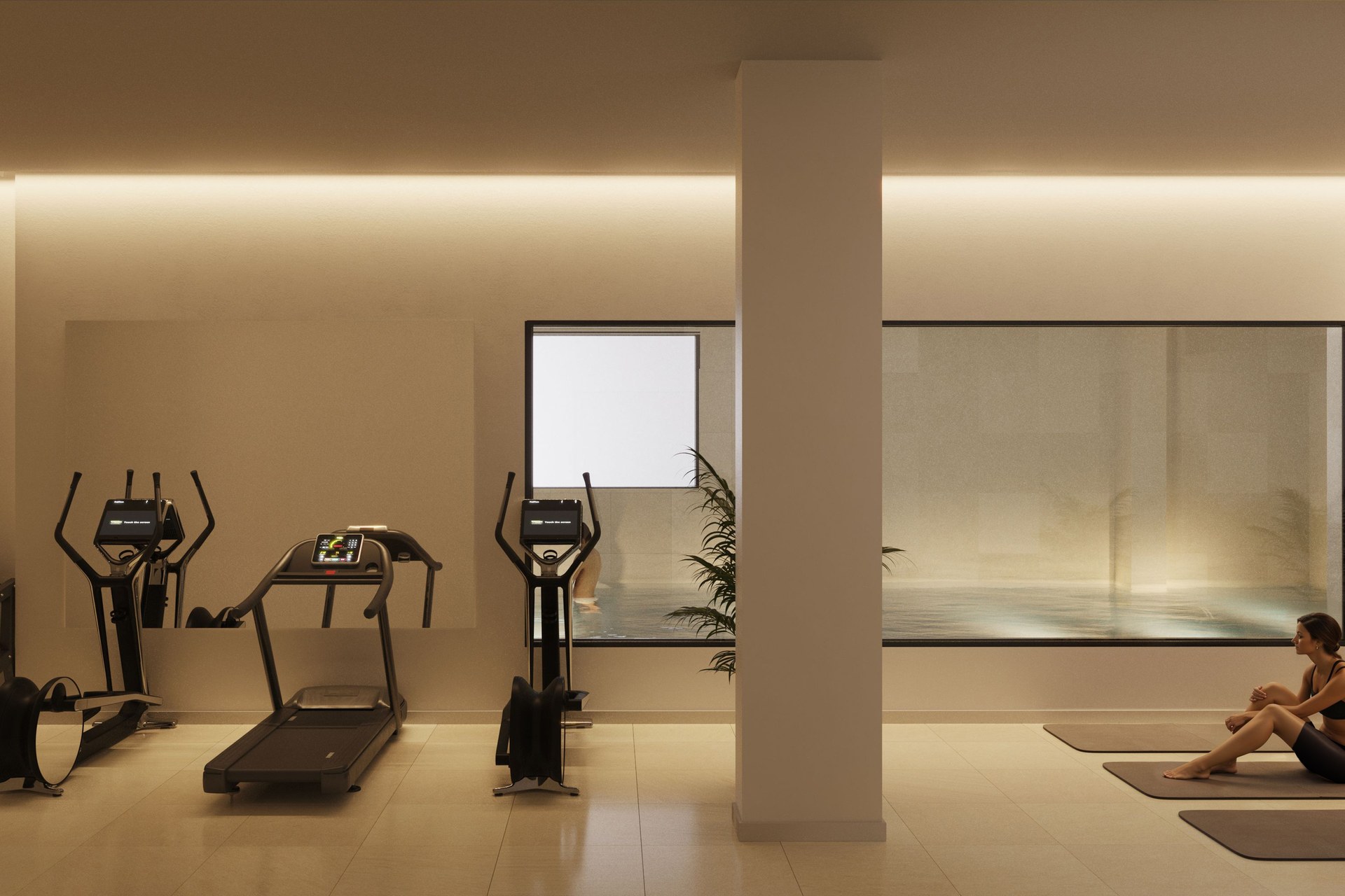 The gym, with the yoga room through the opening at the far end. Biznaga, Las Lagunas, Mijas.