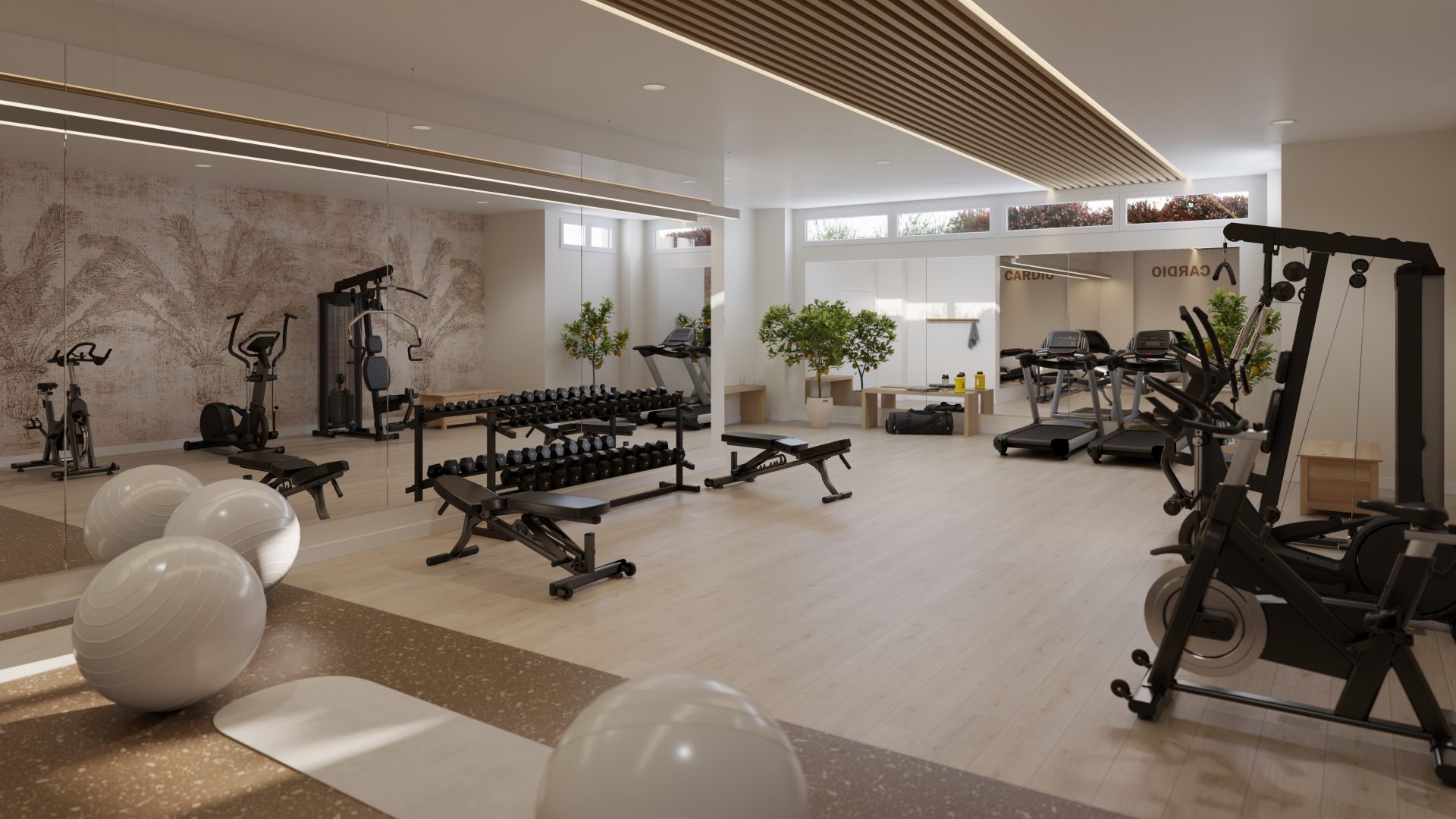 The gym, fitted with free weights, cardio machines and a resistance station. Blossom Hills, Benalmádena Pueblo, Benalmádena.
