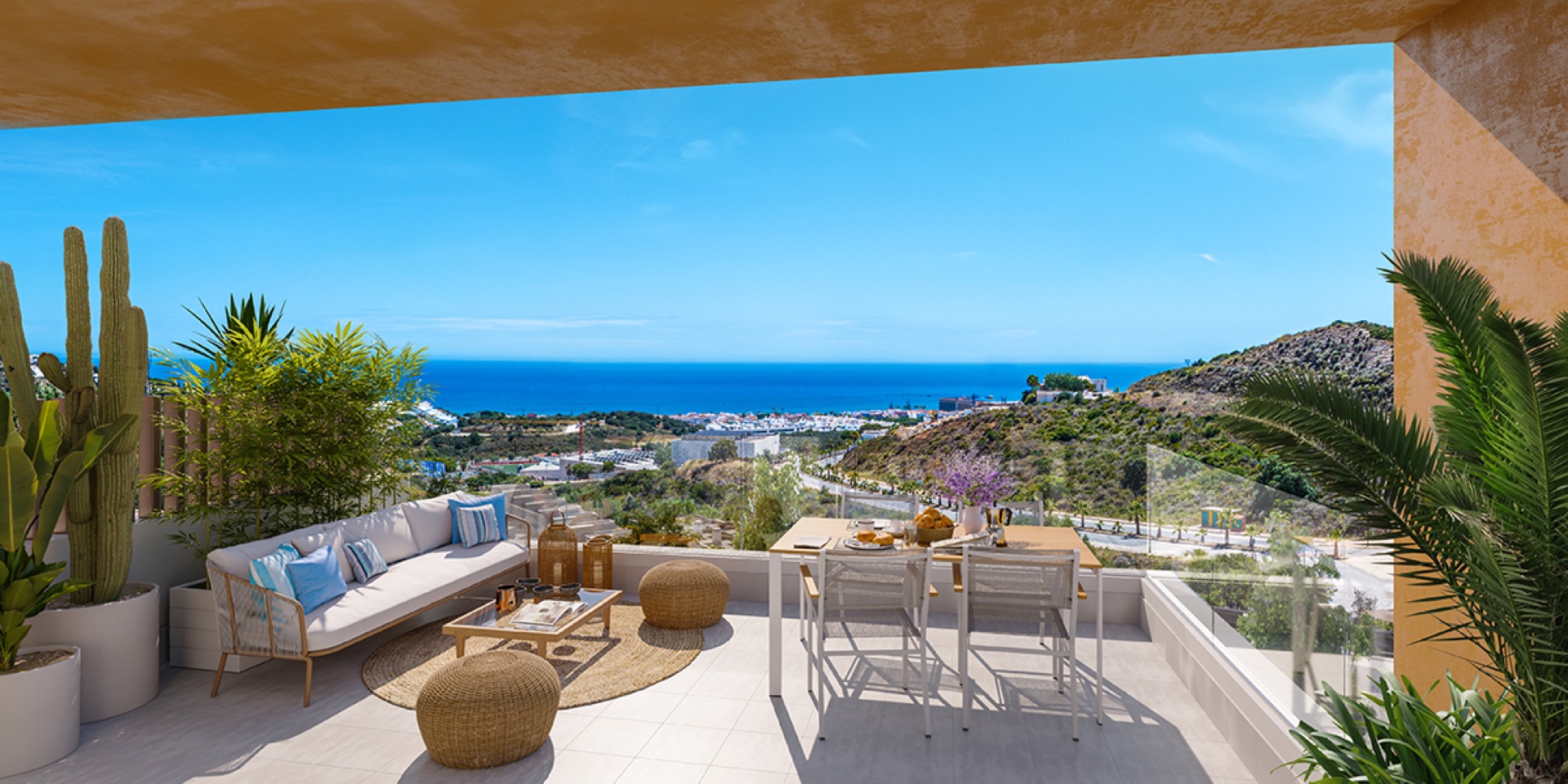 A terrace with a sea view, one of many across the new development. Cala Serena Sun, Ensanche de La Cala, La Cala de Mijas.