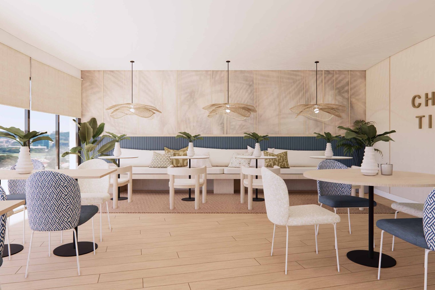 The club room, with long tables under pendant lights, a bench along the wall and glazing down one side, as the developer draws it. Cala Swing, La Cala de Mijas, Mijas.