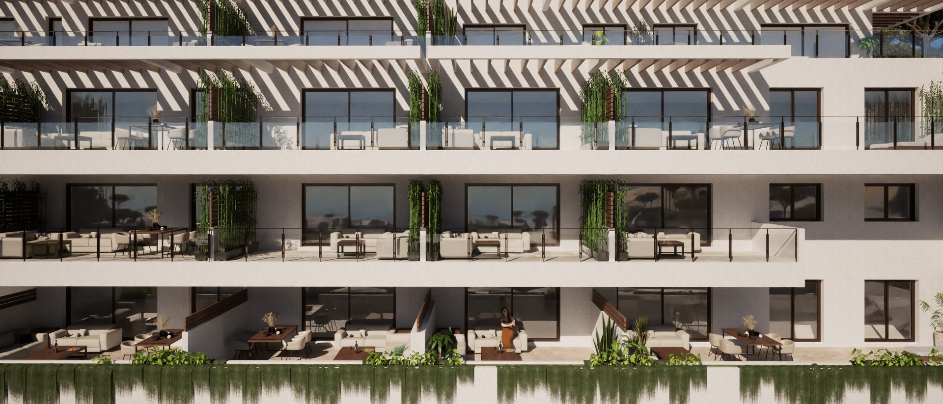 Terraces close up, one above another, each set back beneath its own slatted pergola. Calahonda Sunset, Calahonda, Mijas.