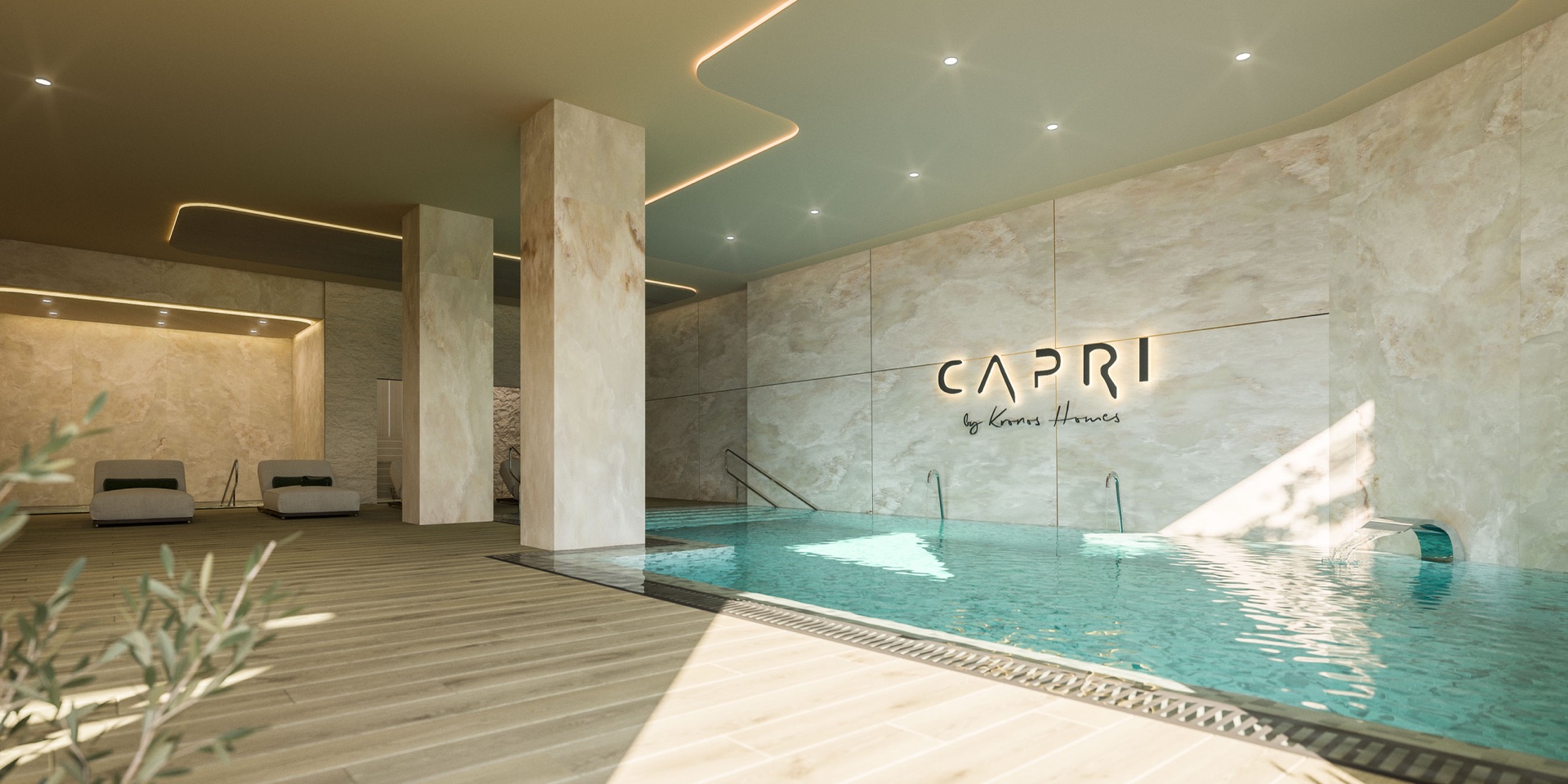 The indoor pool in the spa, lit from the ceiling and lined in pale stone. Capri, La Resina, Estepona.