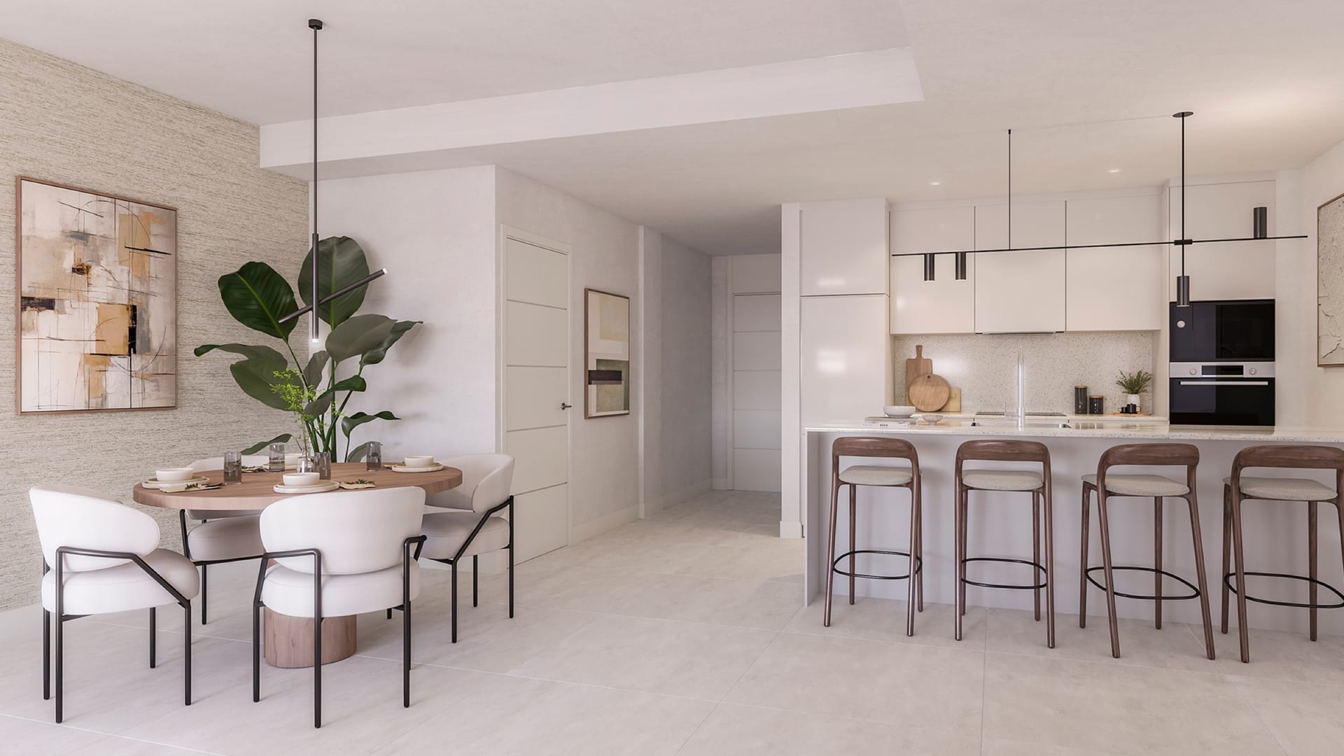 The kitchen, with an island and bar stools. Celestia Homes, Arroyo Enmedio, Estepona.