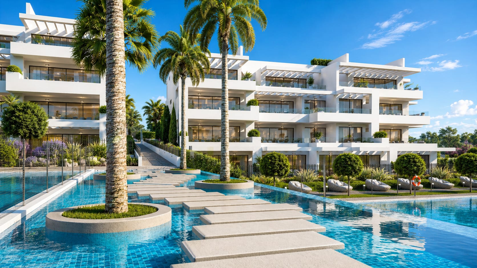 The walkway of stepping stones between the two communal pools, with palms planted in round beds in the water and the buildings behind. Costafiore Gardens, Arroyo Enmedio, Estepona.