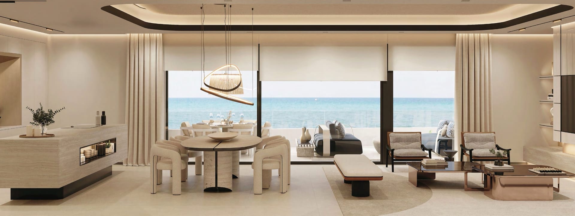 A living and dining room opening onto a terrace over the sea. Dunique Marbella, Las Chapas, Marbella.