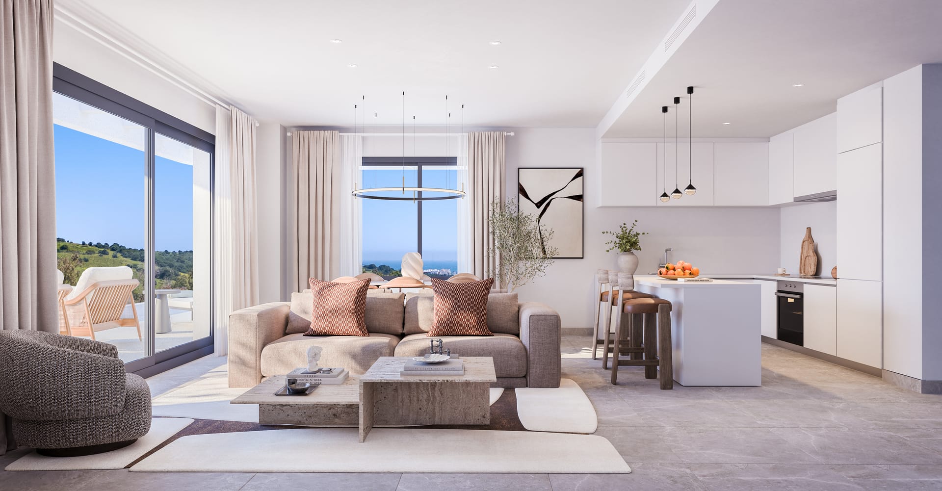 The open living room and kitchen, with the hills and the sea in the distance. Eagle Hills Estepona, Estepona Golf, Estepona.