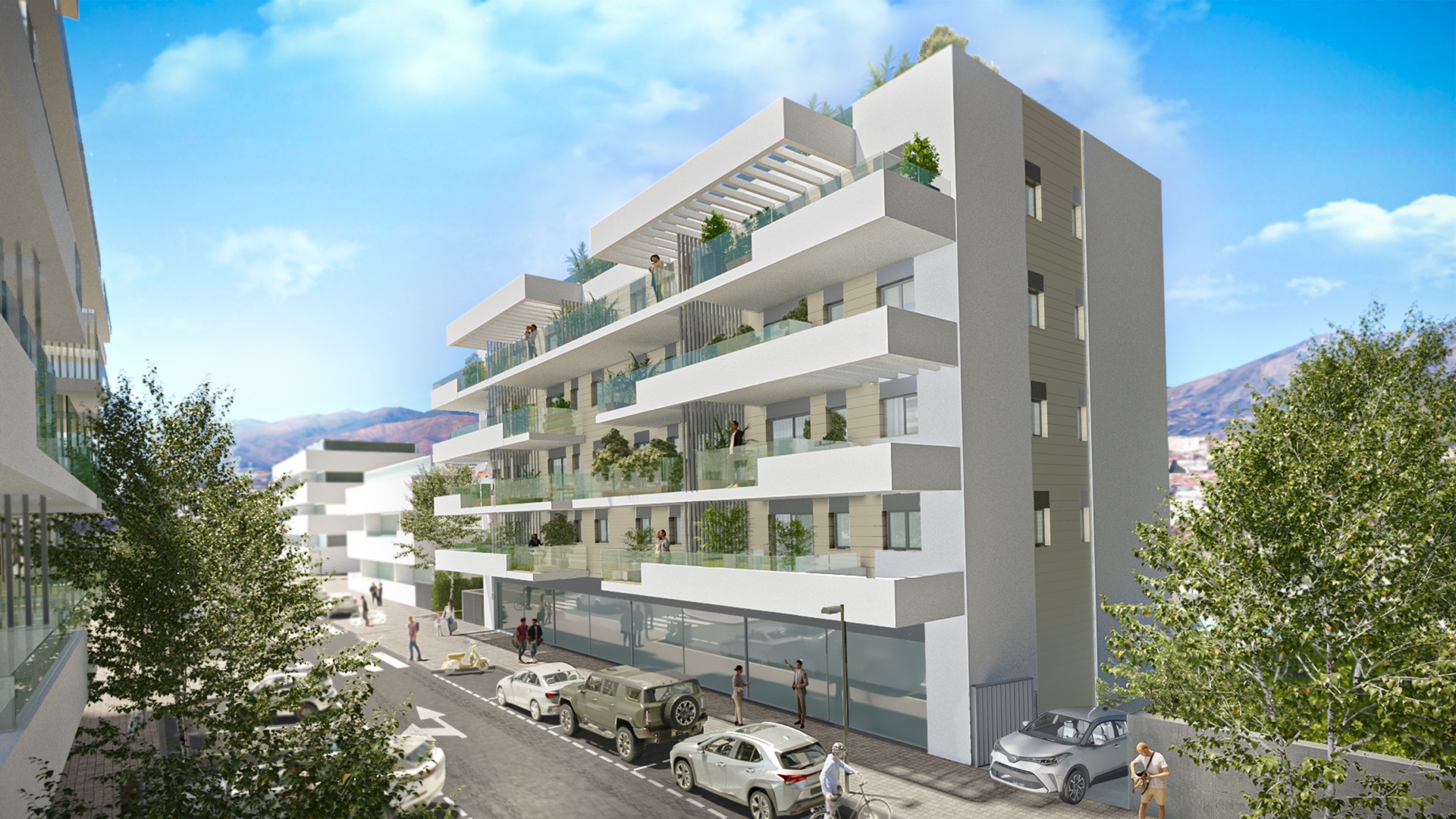 The building from the pavement opposite, looking along the line of terraces towards the corner. Electus, Las Lagunas, Mijas.