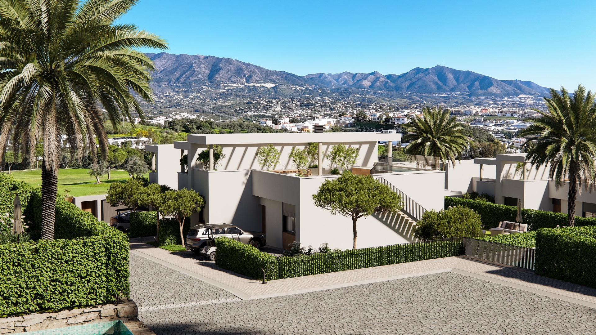 The approach to the new development, with the hills behind Mijas in the distance. Green Valley, Cerrado del Águila, Mijas.