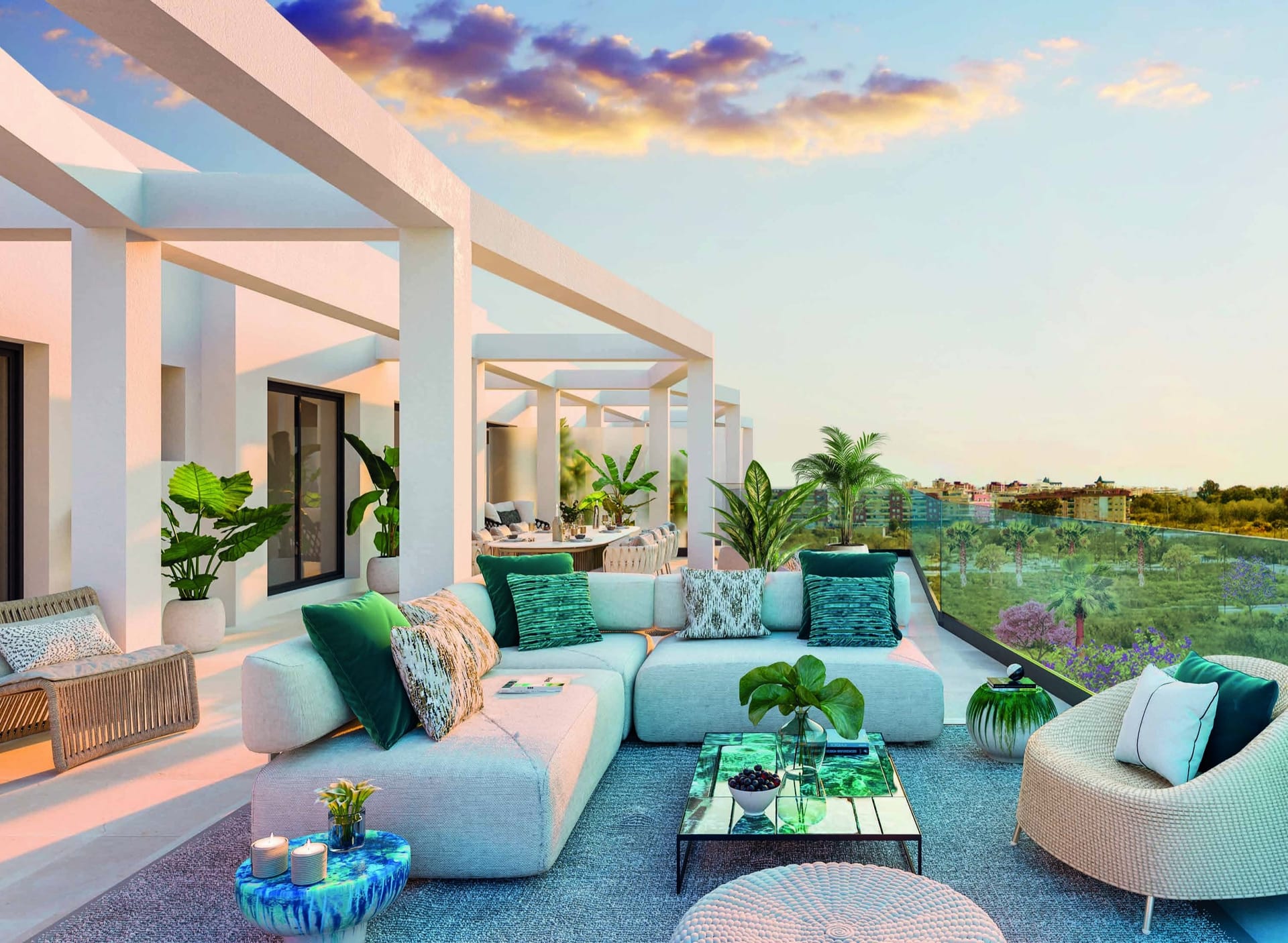 A penthouse roof terrace with a pergola and seating. Jardines de las Lagunas II, Las Lagunas, Mijas.