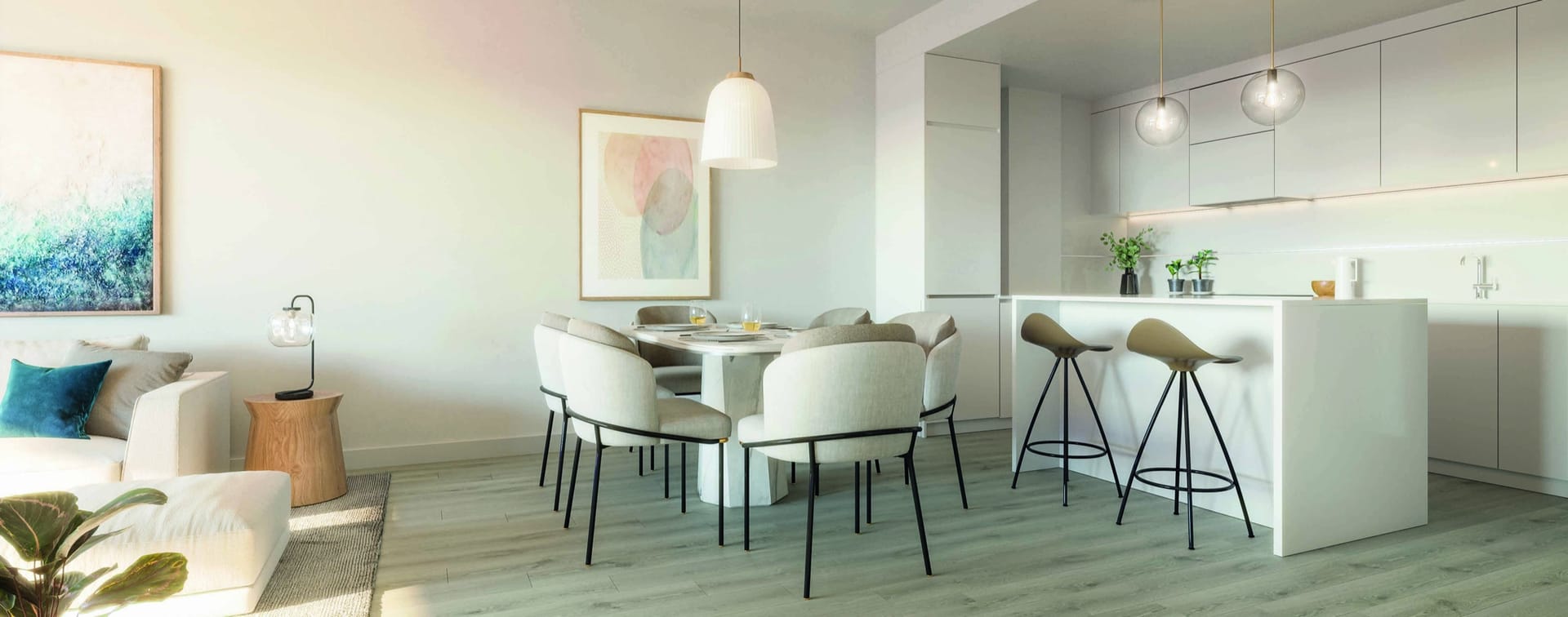 An open living room and kitchen. Jardines de las Lagunas II, Las Lagunas, Mijas.