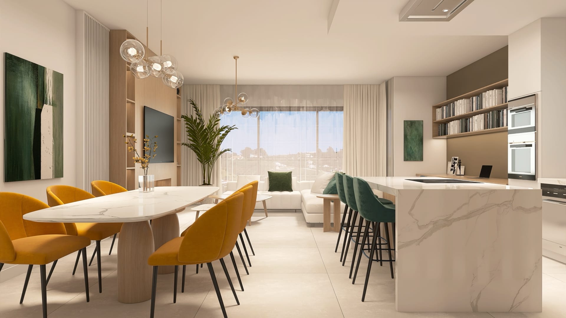 The kitchen and dining area, with a marble-effect island and bar stools along it. La Cala Valley, Lagar Martel, Mijas.