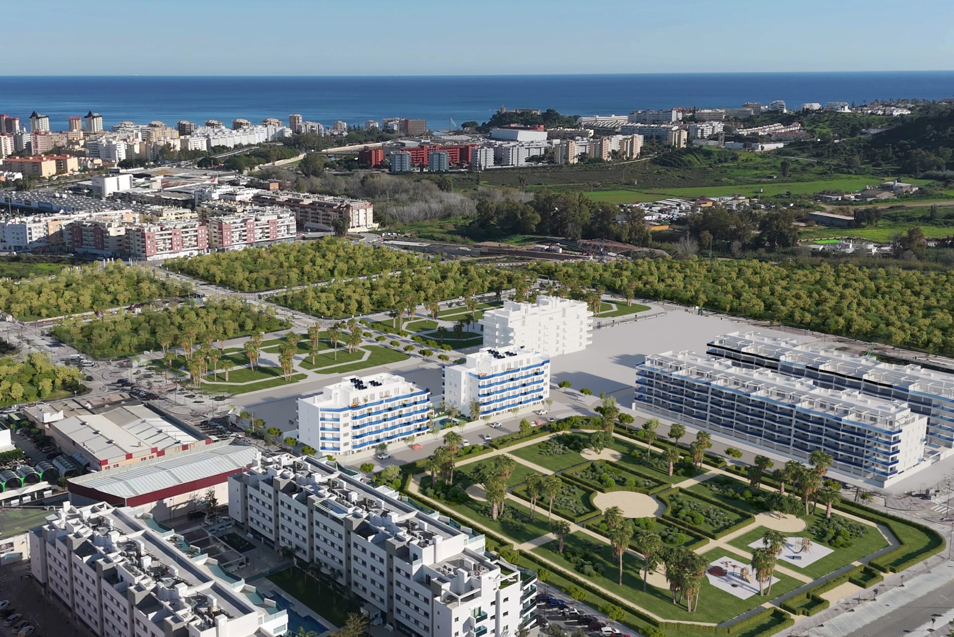 An aerial view of the buildings, their pool and gardens. Laguna One, Las Lagunas, Mijas.