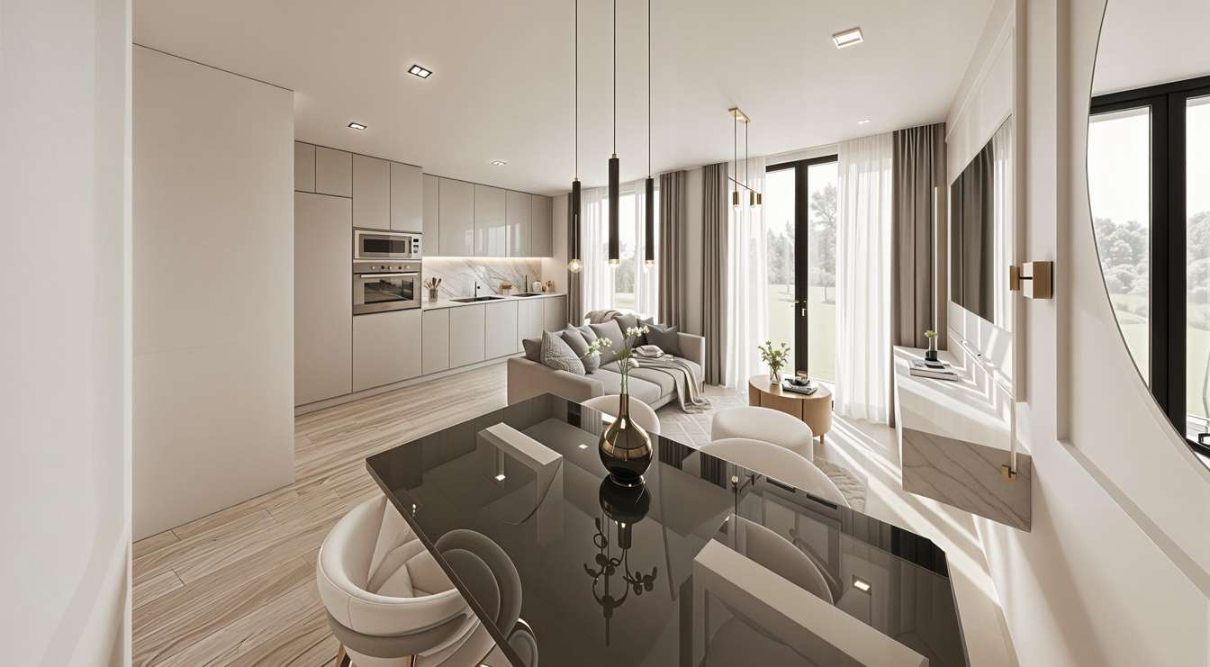 A living room with an open kitchen in one of the developer’s illustrations, with wood-effect floors and a dining table beside the window. Lantana Residencial Boutique, Las Lagunas, Mijas.