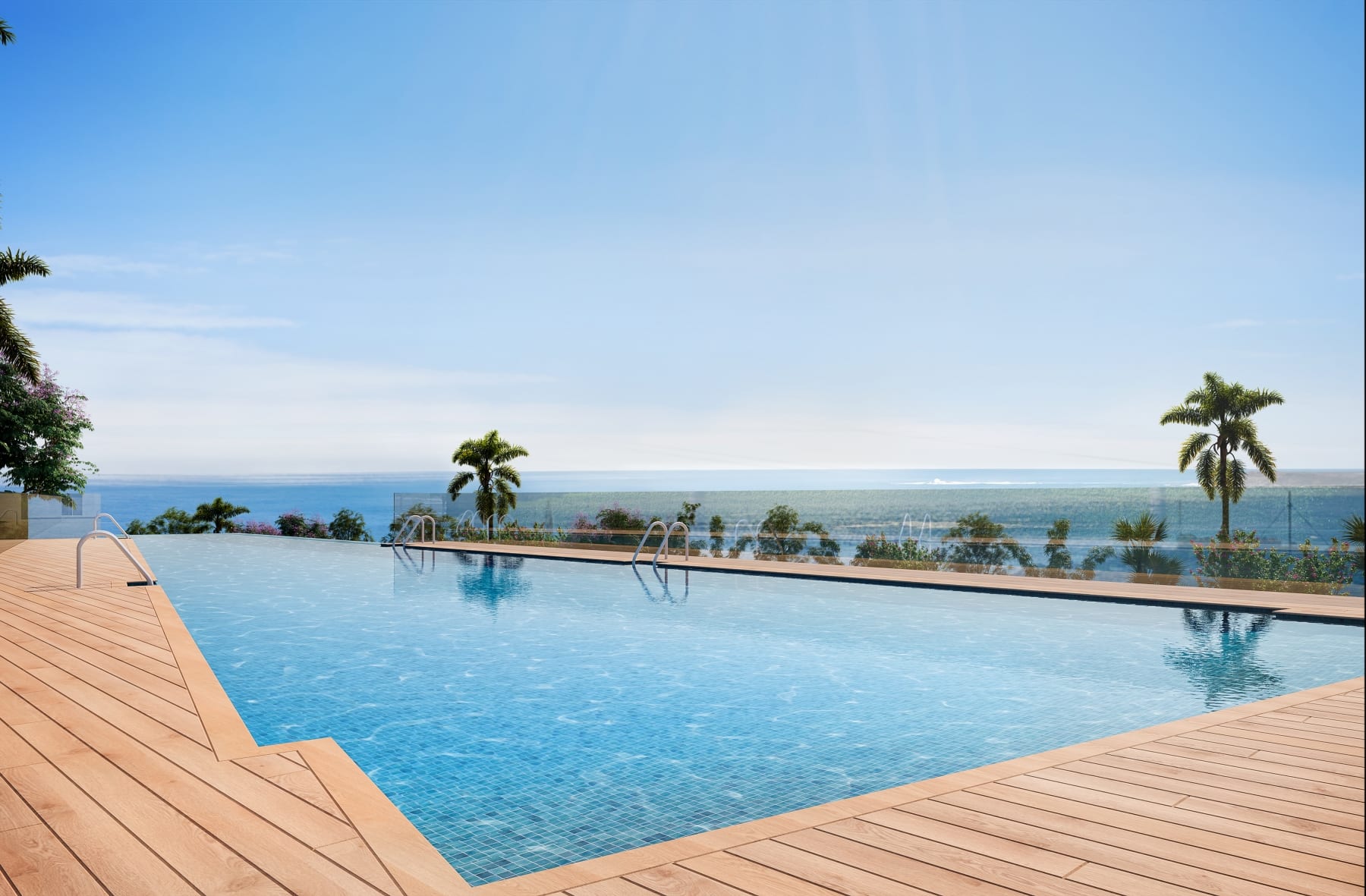 The pool, in the developer’s illustration, with a timber deck around it and the sea beyond the glass rail. Lomas del Higuerón 3, El Higuerón, Fuengirola.