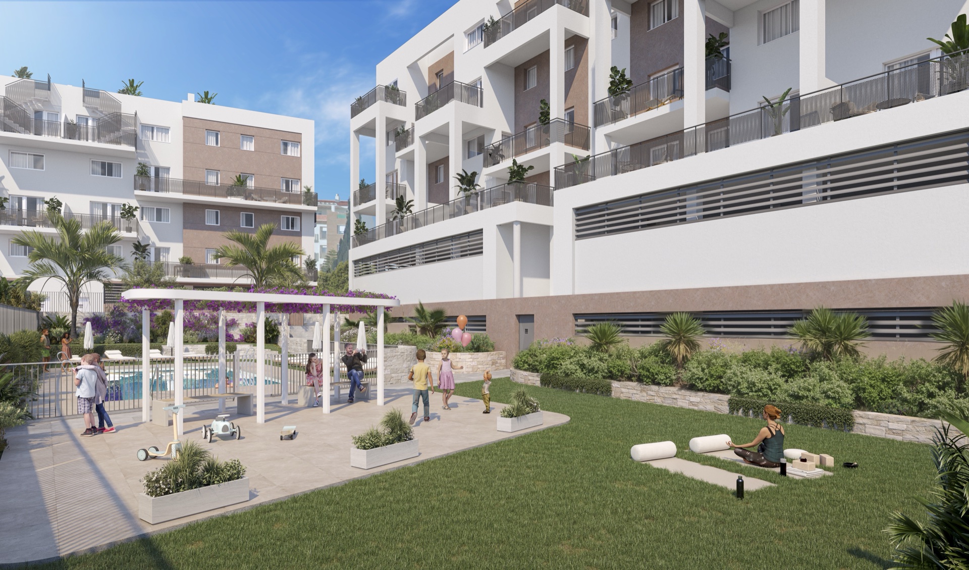 The shared gardens, with the pool, a pergola and a lawn between the buildings. Los Olivos Residencial, El Ensanche, Vélez-Málaga.