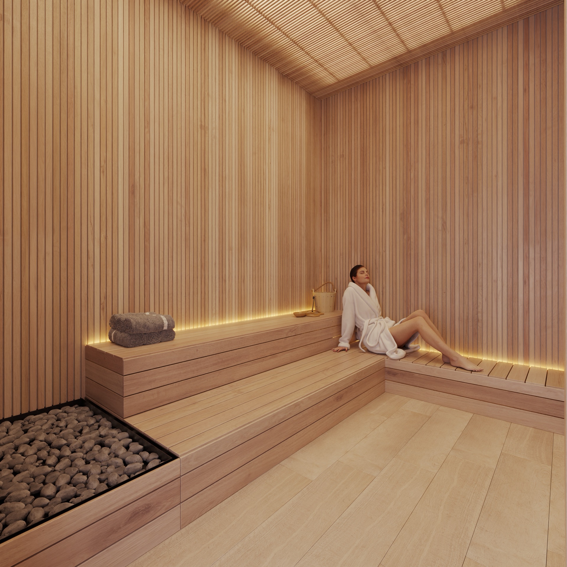 The sauna, lined in timber with a bench along one wall. Luminal Homes, Los Pacos, Fuengirola.