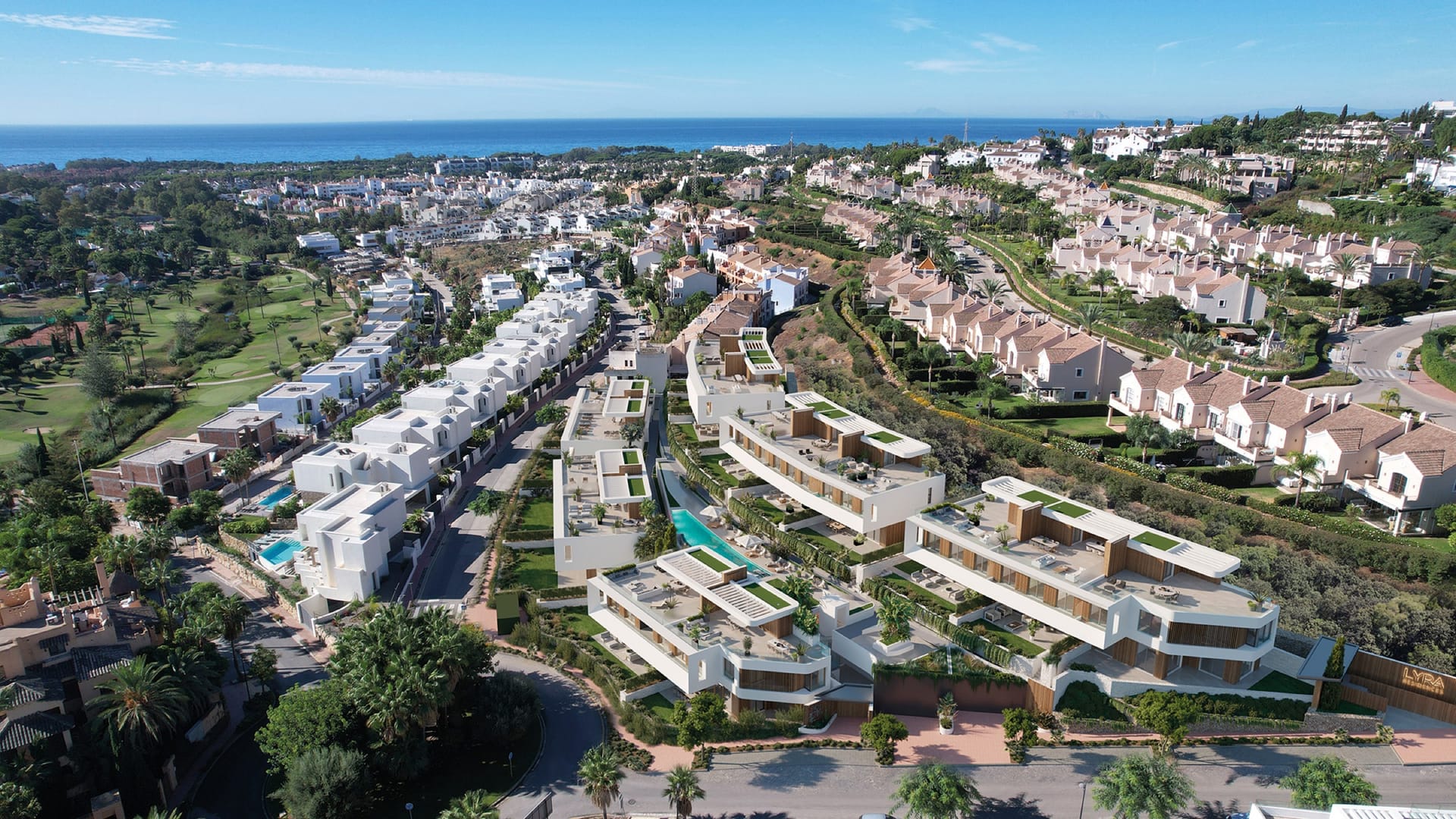 An aerial view of El Campanario, with the sea beyond. Lyra Residences, El Campanario, Estepona.