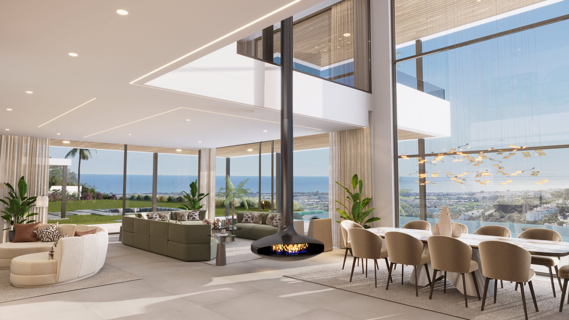 The double height living and dining room in one of the developer’s illustrations, with glass walls onto the terrace and the coast beyond. Madroñal View, El Madroñal, Benahavís.