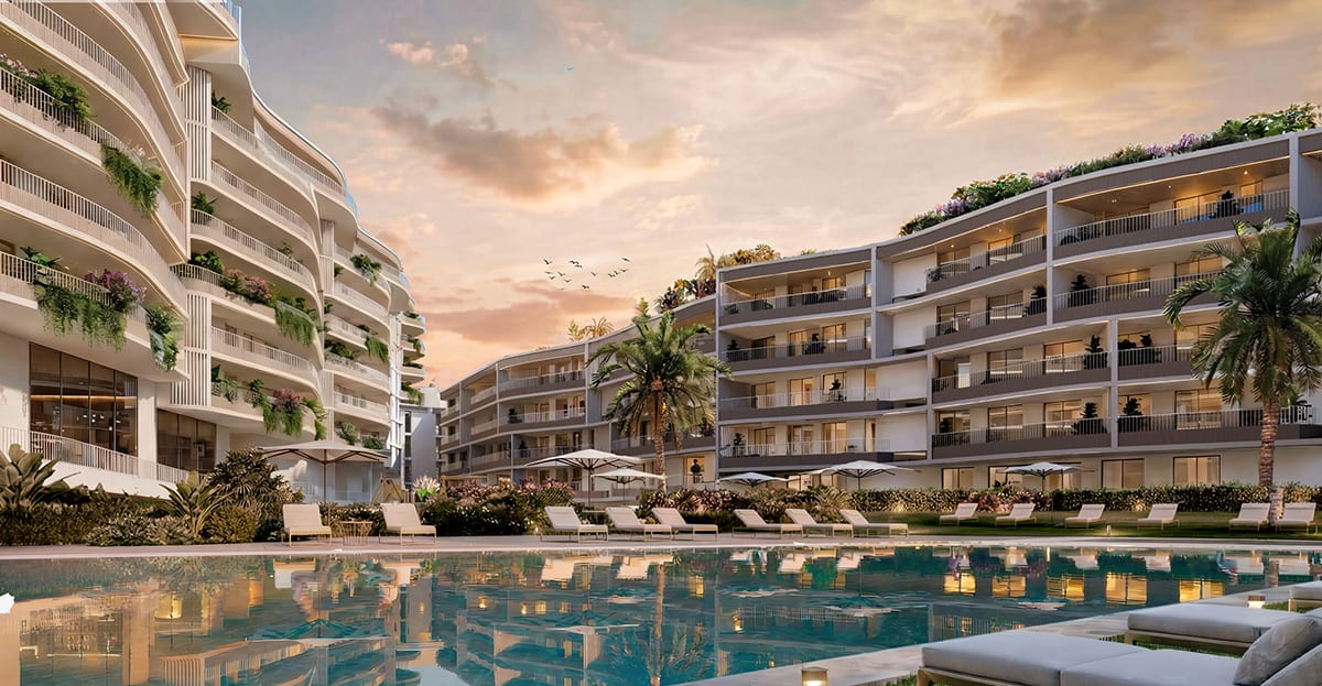 The pool in the central courtyard, at dusk. Magna Torremolinos, La Carihuela, Torremolinos.
