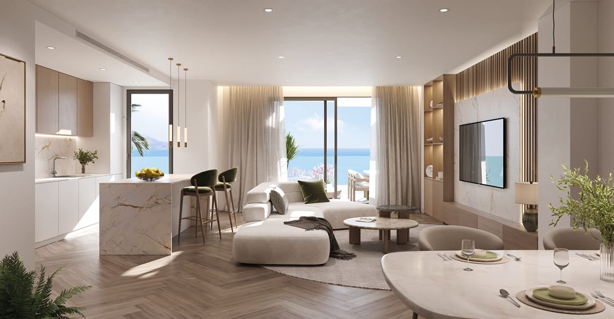 The kitchen and living space, as the developer draws it. Magna Torremolinos, La Carihuela, Torremolinos.
