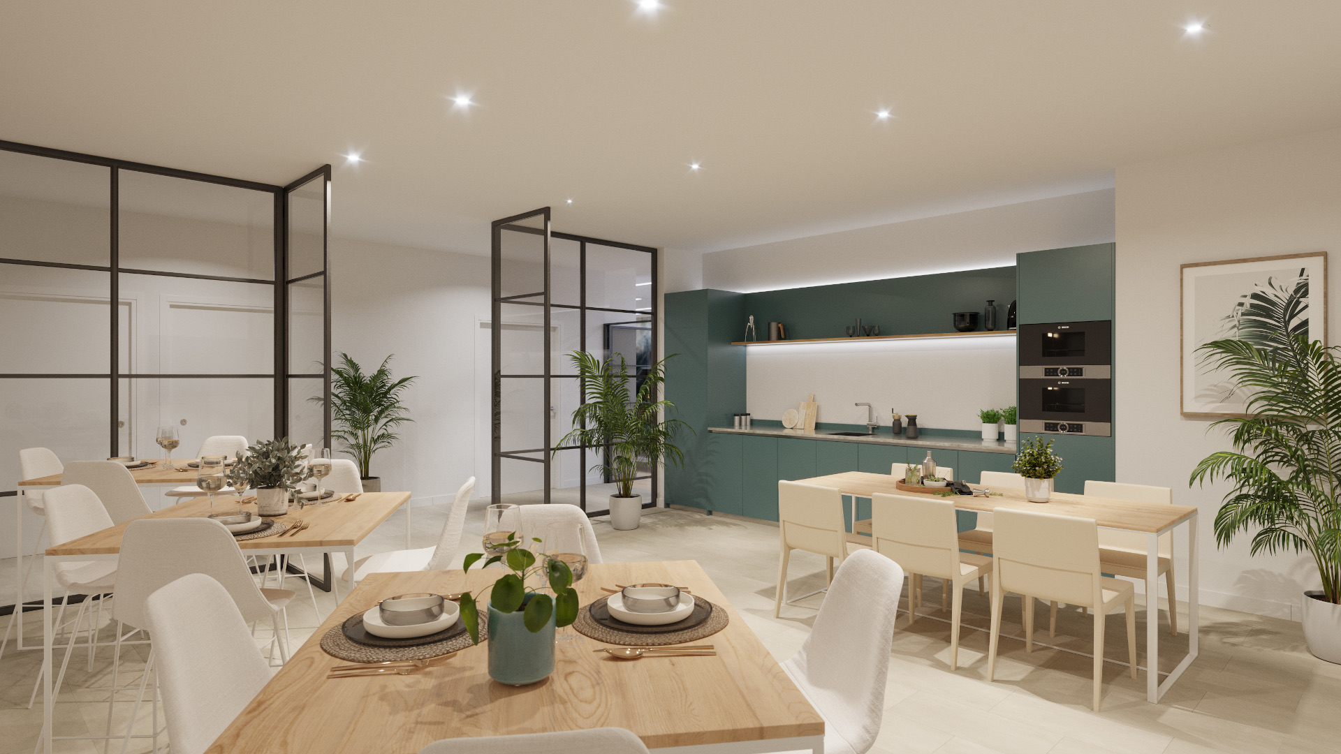 The gourmet room, a shared kitchen and dining room for residents. Mãla Kai Resort, Valle Romano, Estepona.