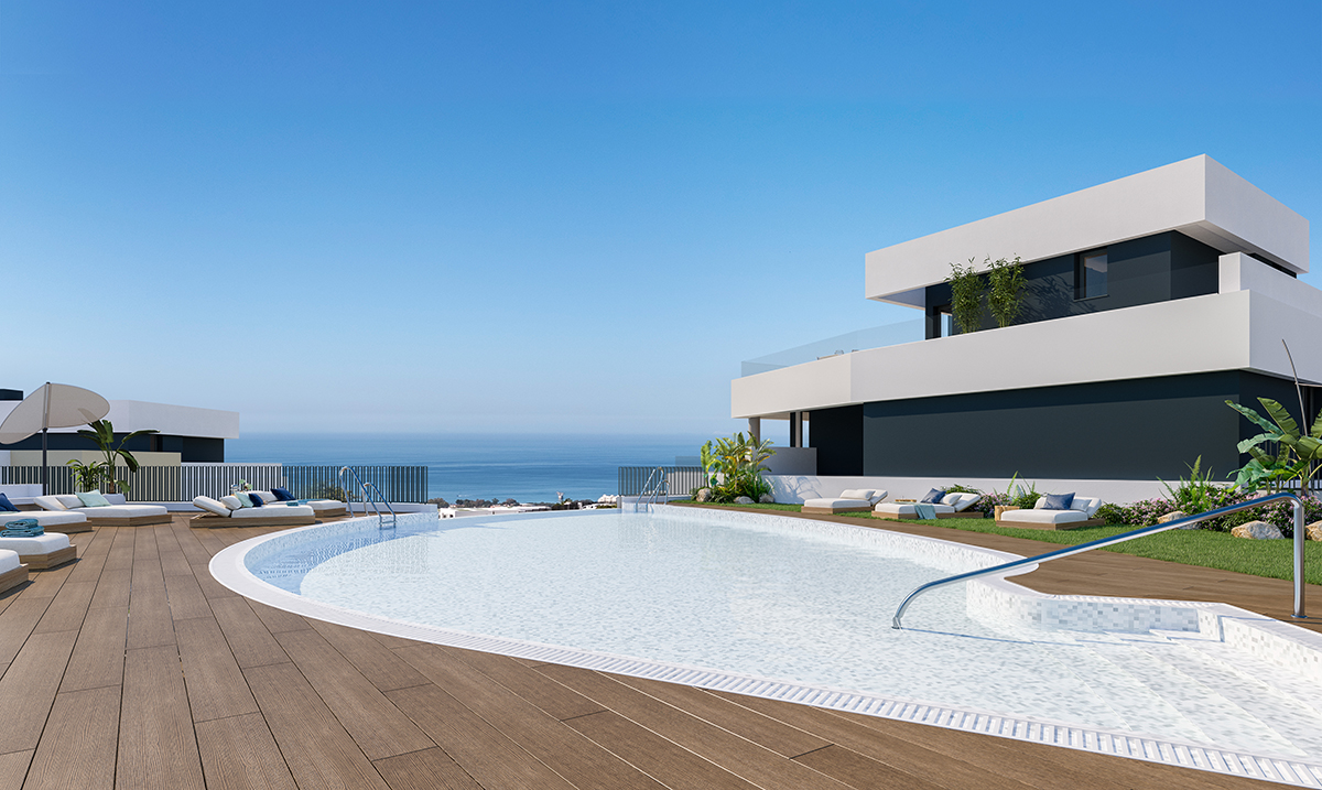 The outdoor pool, looking south to the sea. MedBlue Marbella, Los Monteros, Marbella.