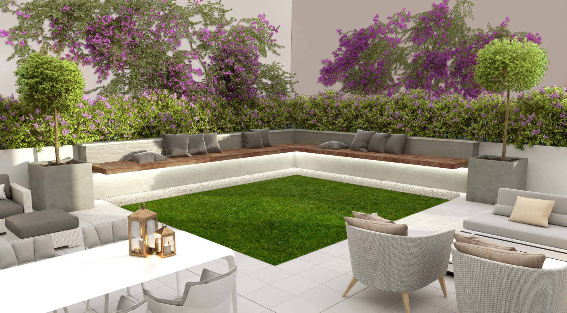 The ground-floor courtyard, with built-in bench seating around a small lawn. Metropolitan Homes, Centro, Málaga.