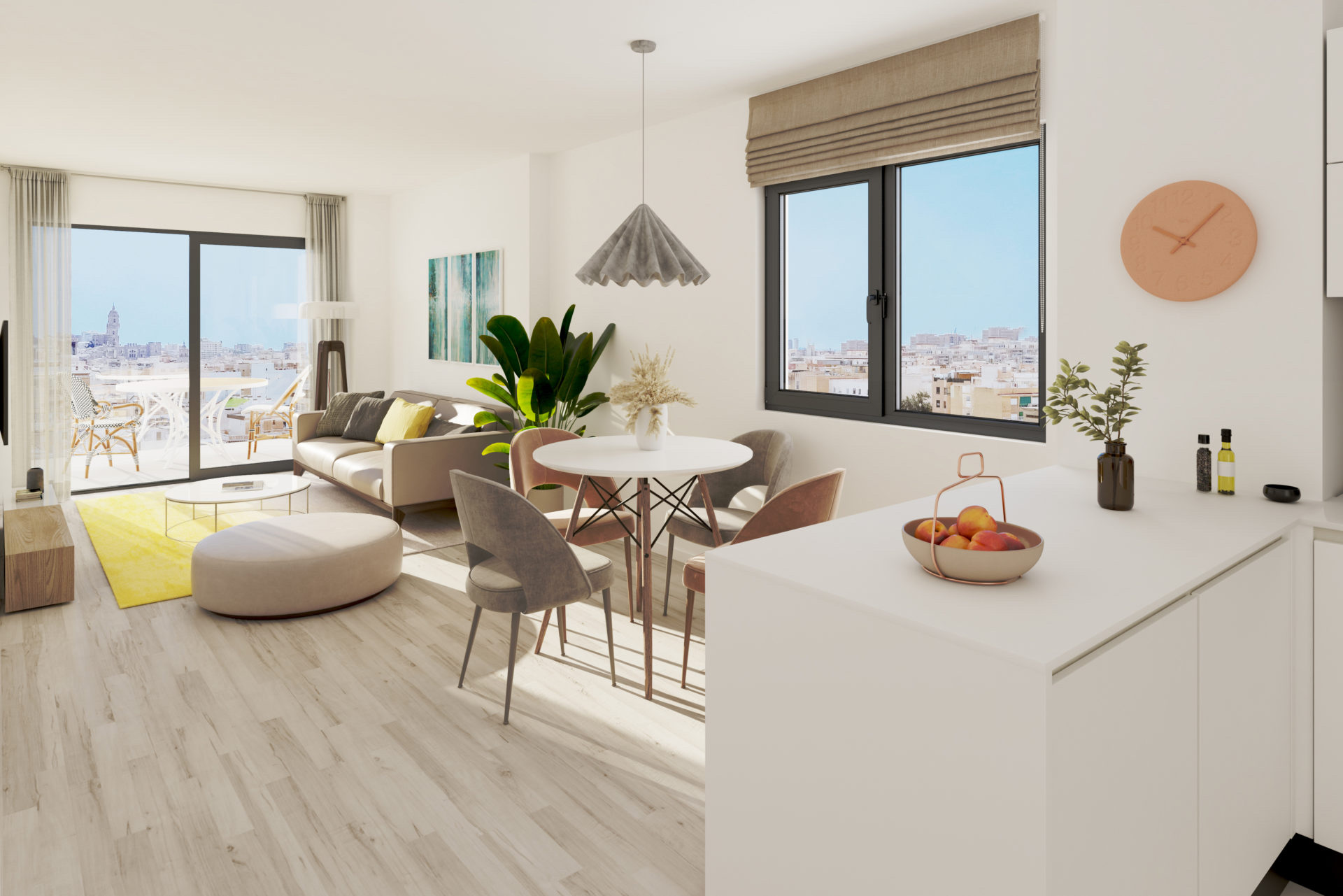 The living and dining space of one of the apartments, with Málaga's cathedral visible through the terrace doors. Metropolitan Homes, Centro, Málaga.