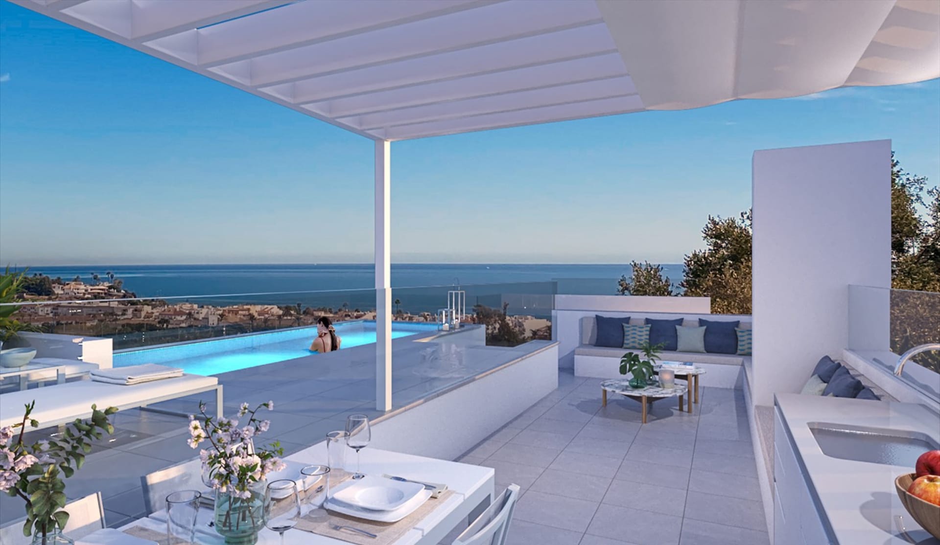 A roof terrace beside the infinity pool, looking out to sea. Navigolf Suites II, La Cala de Mijas, Mijas.