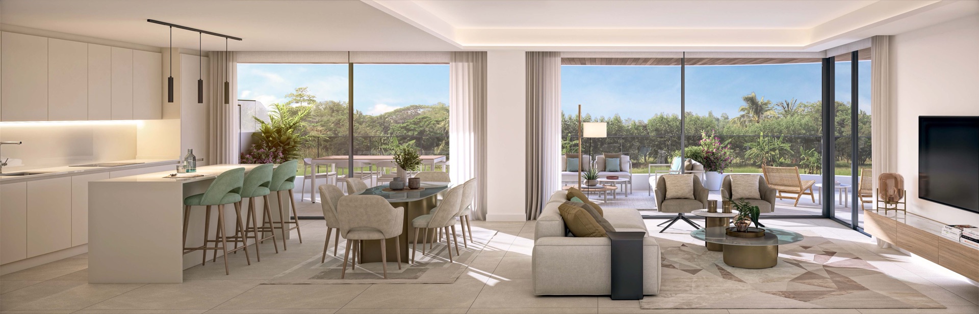 The kitchen, dining area and living room of a home, open to each other, with glass doors along the terrace. Naya Residences, Atalaya, Estepona.
