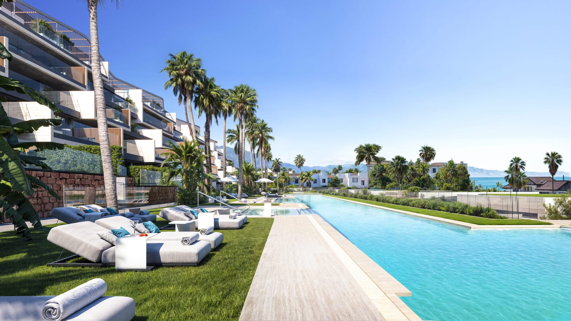 The long infinity pool, with the sea beyond the gardens. Nubay, La Chullera, Manilva.