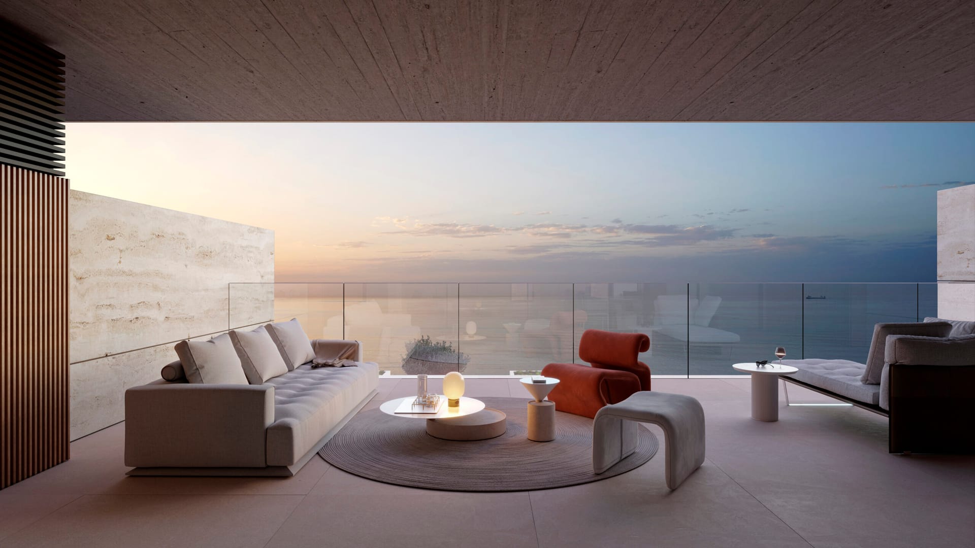 A terrace at dusk, looking straight out to sea. Nubay, La Chullera, Manilva.
