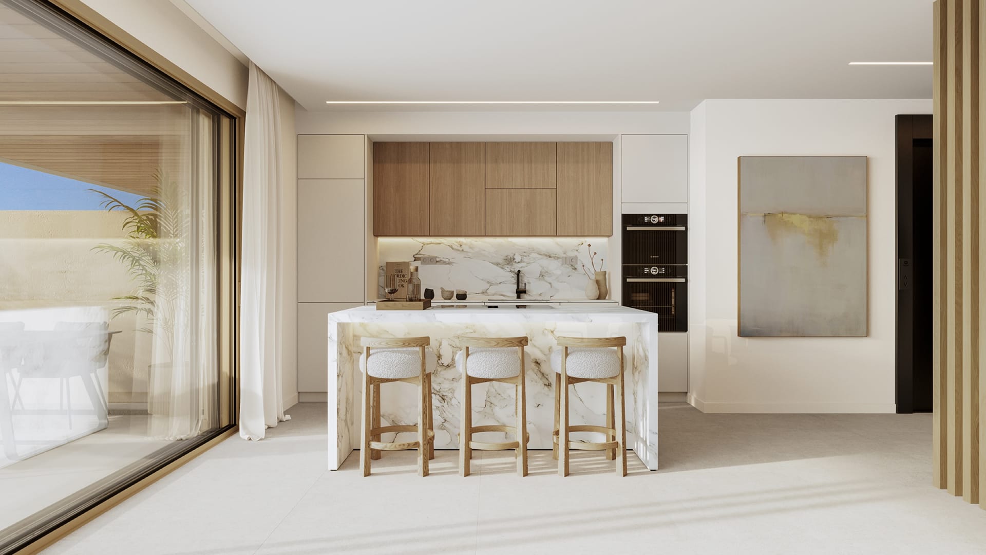 A kitchen with a marble island. Omnia, New Golden Mile, Estepona.