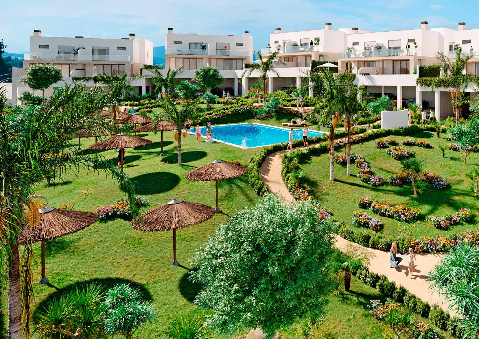 The shared garden in one of the developer’s illustrations, with paths across the lawns to the pool and the houses along the far side. Residencial Cala de Mijas, Lagar Martel, Mijas.
