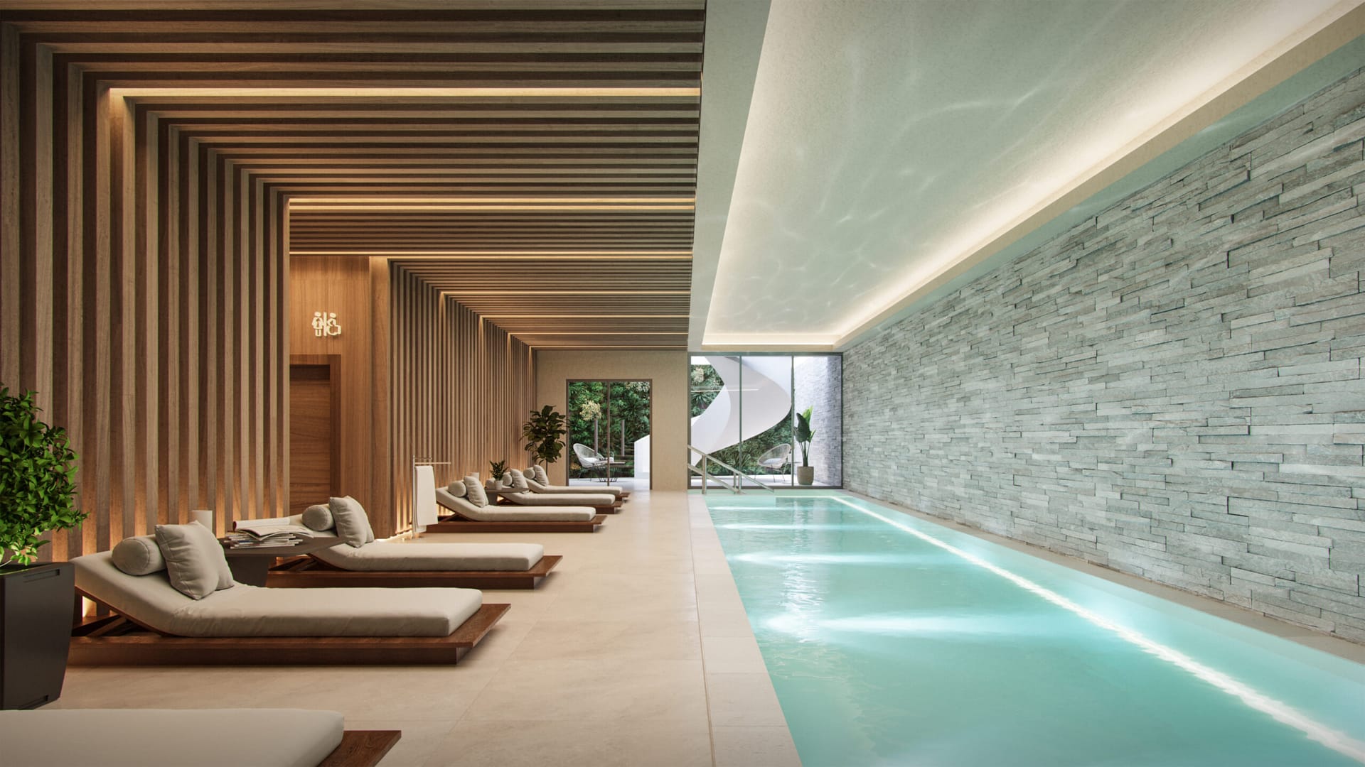 The heated indoor pool, with loungers along one side. Salvia II, San Pedro de Alcántara, Marbella.
